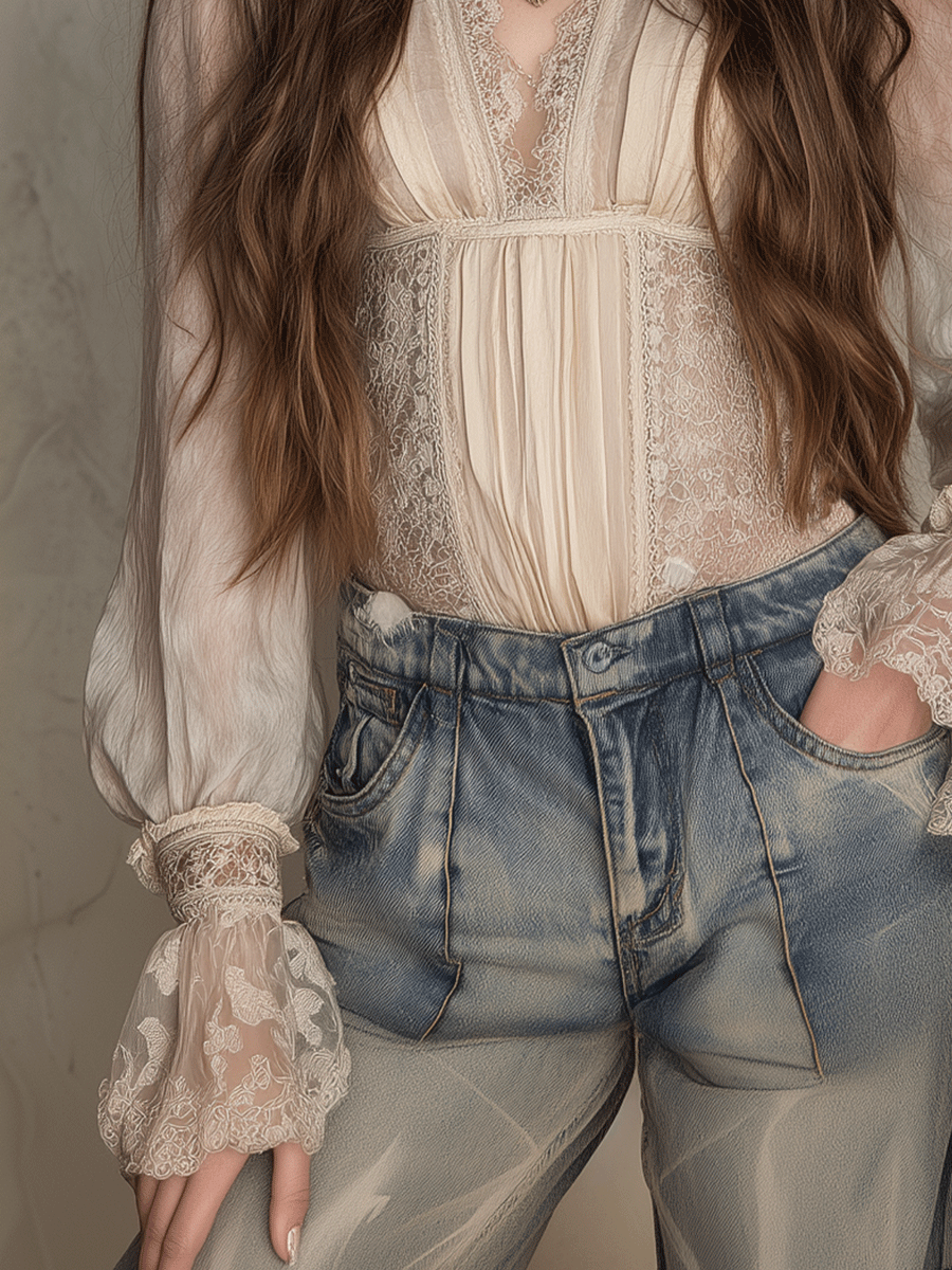 Vintage Boho Ivory Sheer Lace Peplum Blouse