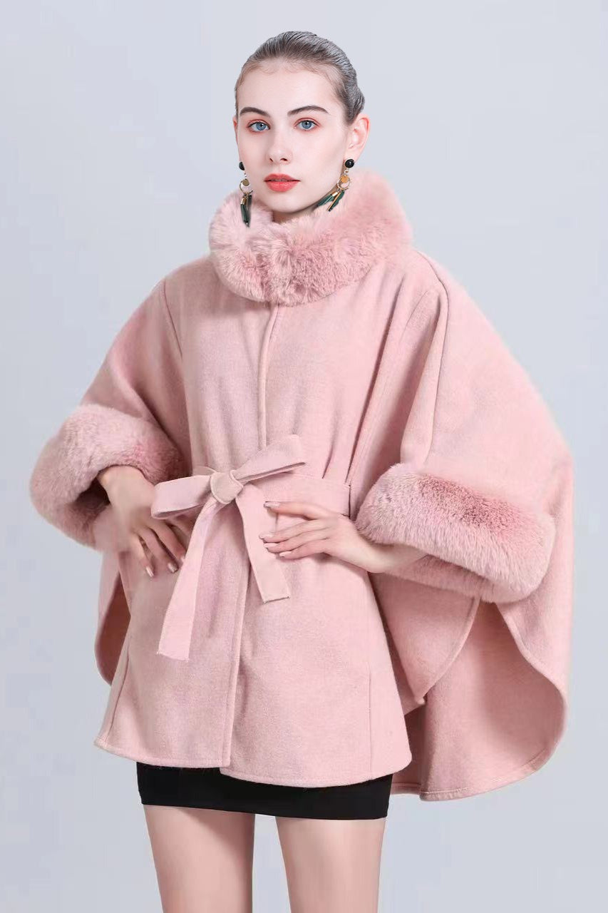 Fur Collar Tie Knitted Cardigan Loose Wool Blend Cape Coat