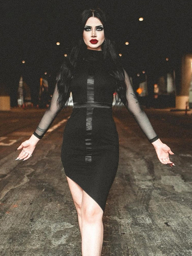 Mesh Long Sleeve High Neck Ruched Asymmetric Hem Bodycon Midi Dress