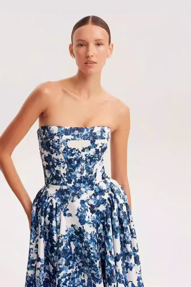 Floral Print Strapless Pleated A-Line Ball Gown