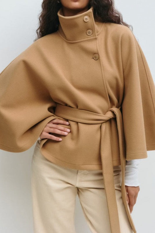 Solid Cape Stand Collar Buttoned Waist-Tied Trench Coat