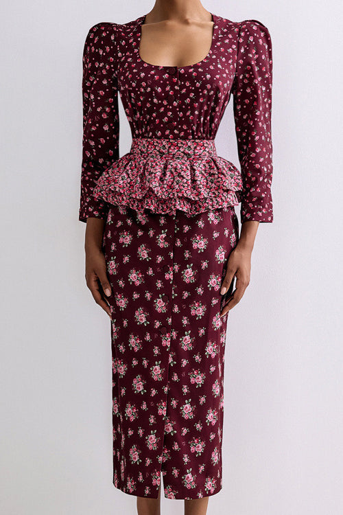 Square Neck Digital Print Ruffled Belt Floral Dress