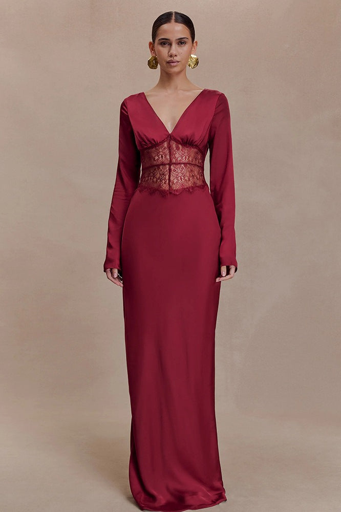 Deep V-Neck Lace Bodycon Maxi Dress