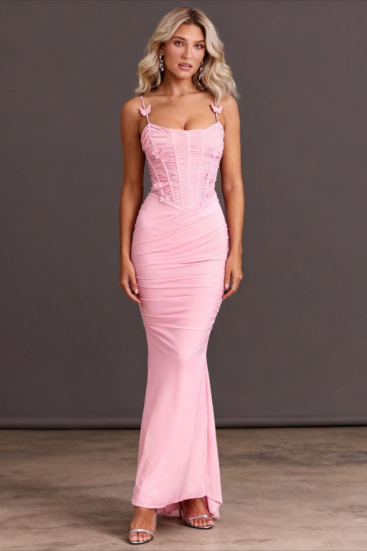 Satin Spaghetti Strap Corset Ruched Fishtail Gown