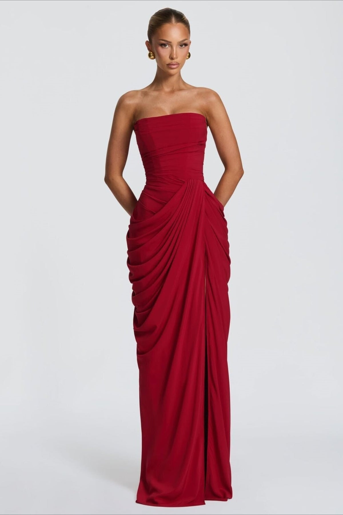 Ruched Strapless Thigh-Split Draped Maxi Gown