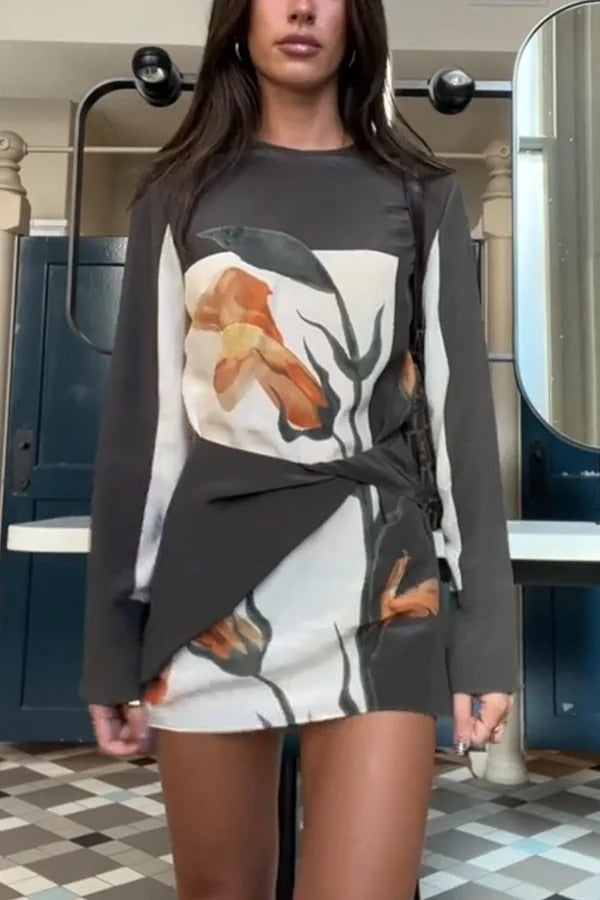 Constance Floral Print Twist Waist Long Sleeve Lightweight Mini Dress - Fashionpara