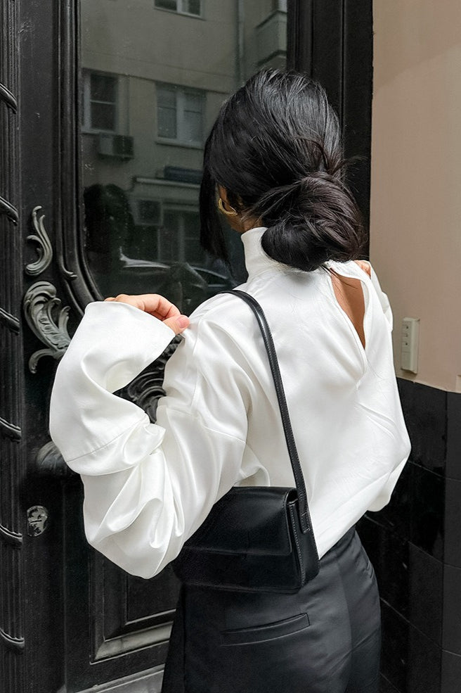 Matte Satin Turtleneck Long Sleeve Blouse - Fashionpara