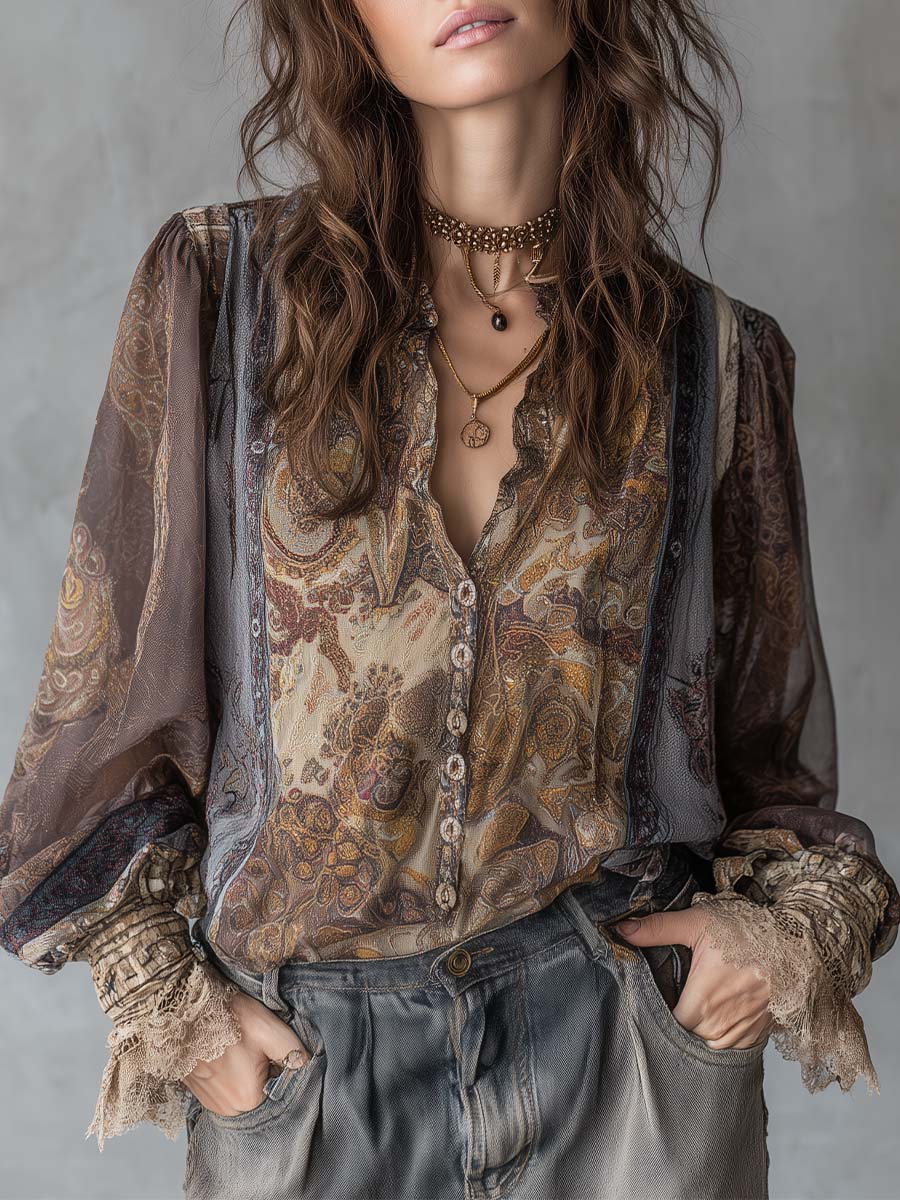 Vintage Paisley Sheer Blouse With Lace Cuff Detailing - Fashionpara