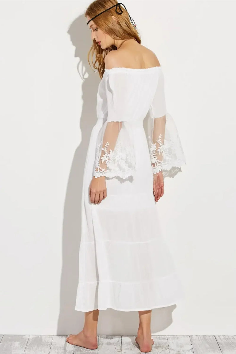 Lace Off Shoulder Long Sleeve Tiered Maxi Dress 14