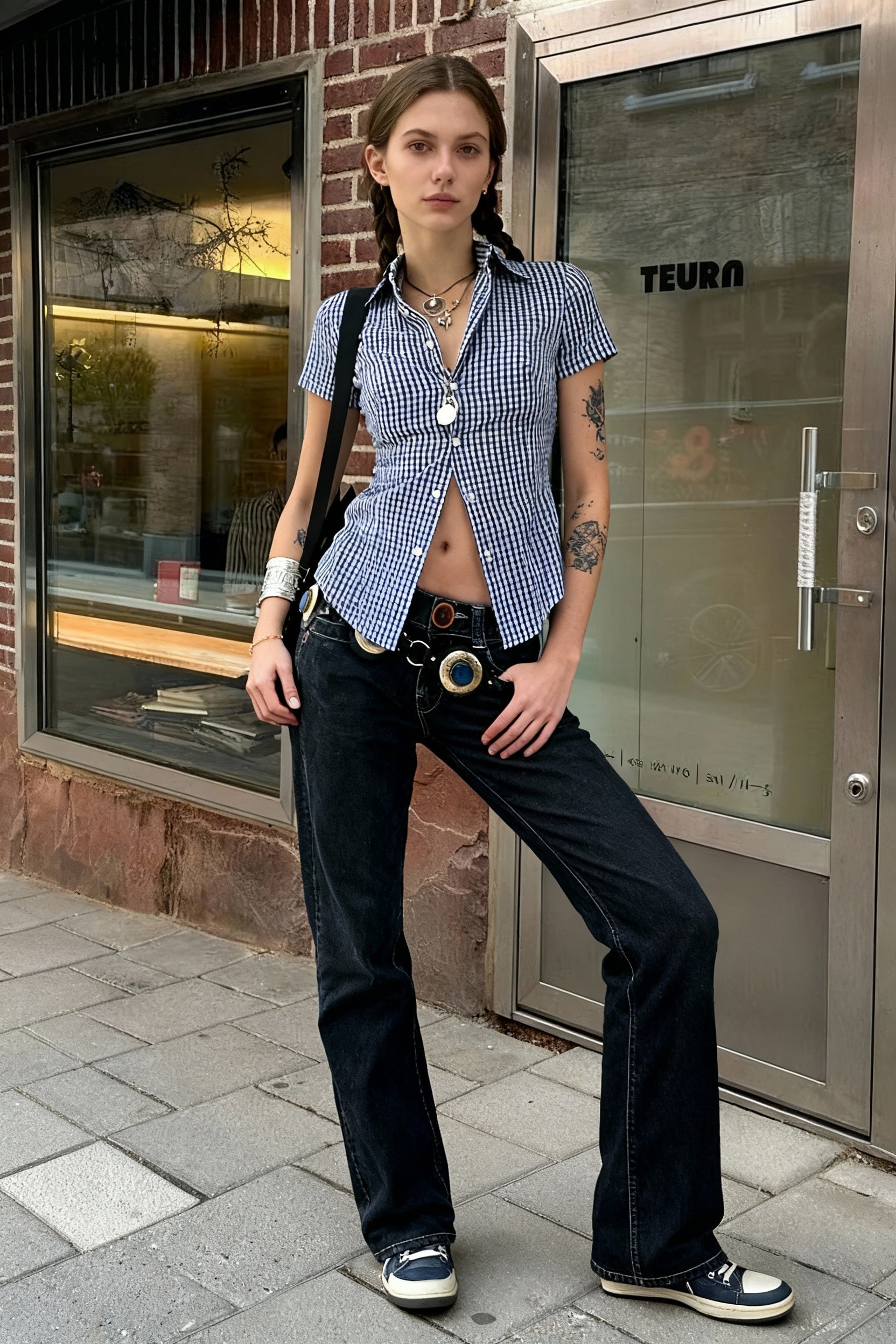 Blue Plaid Fitted Polo Collar Short Sleeve Blouse