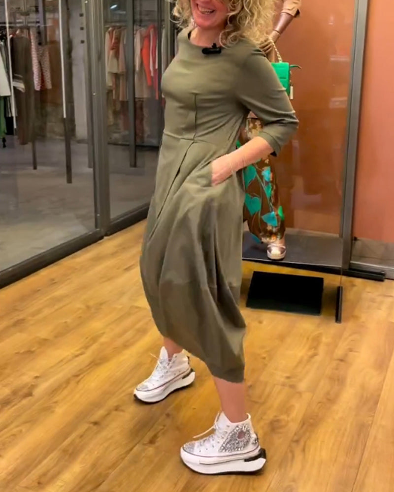 Boat Neck Three Quarter Sleeve Pleated Cocoon Midi Dress - View 2