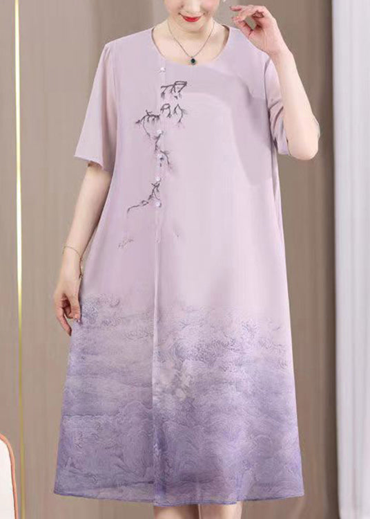 Floral Embroidery Asymmetrical Toggle Button Short Sleeve Ombre Wave Hem Midi Dress - View 3