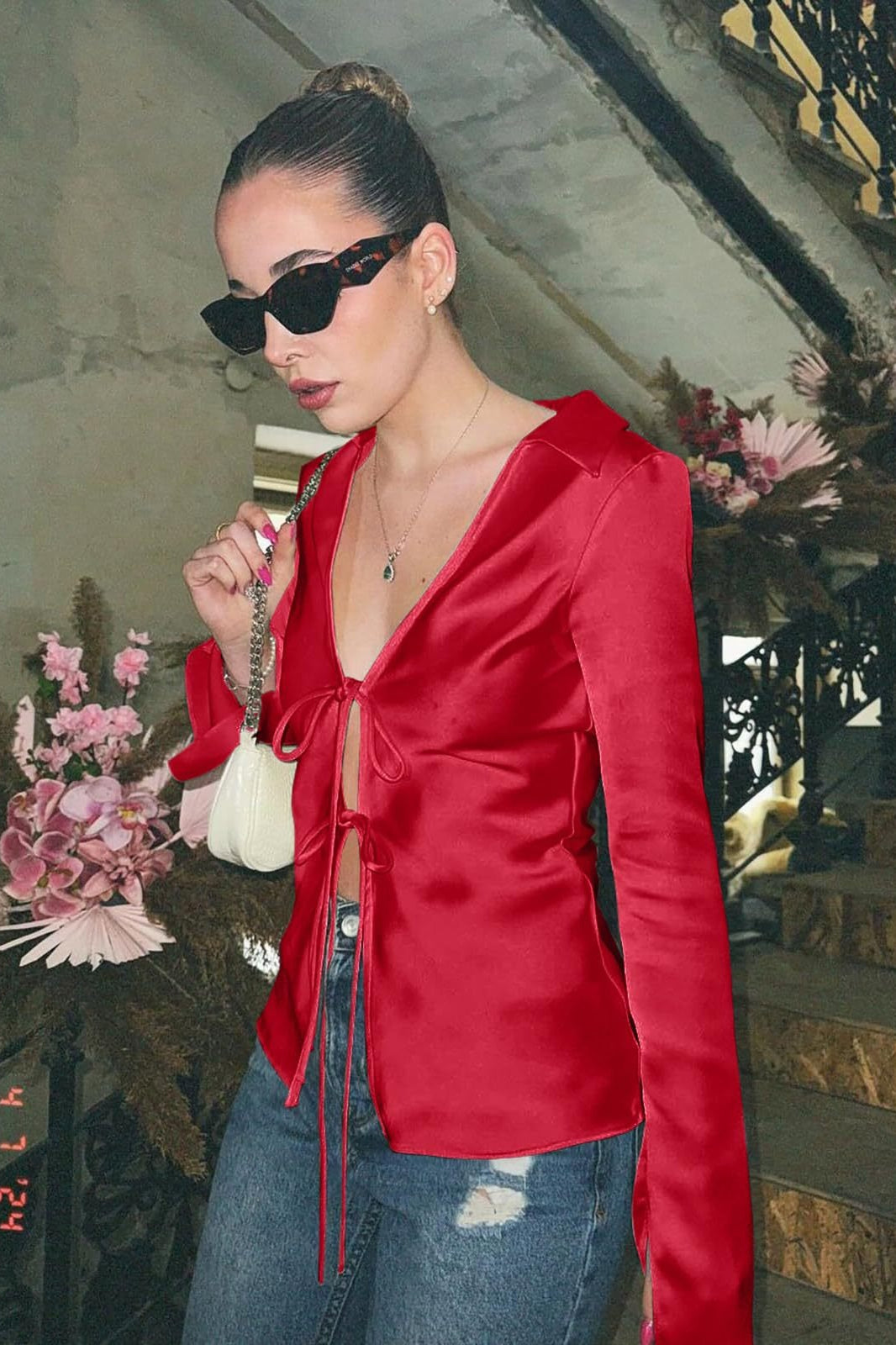 Satin Tie Front Blouse - Fashionpara