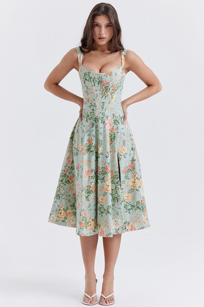 Floral Print Square Neck Corset Midi Dress