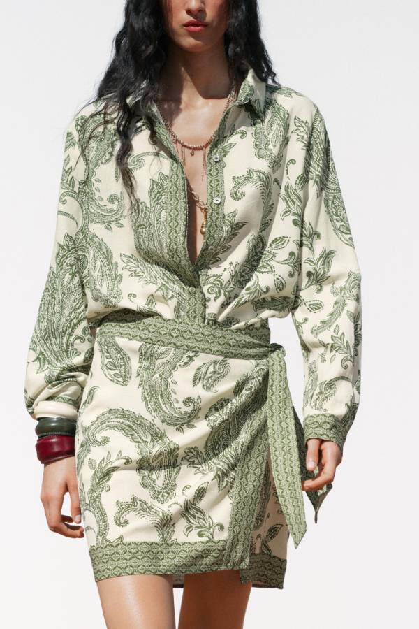Blend Into Leaves Linen Blend Unique Print Long Sleeve Blouse and Wrap Tie-up Mini Skirt Set - Fashionpara