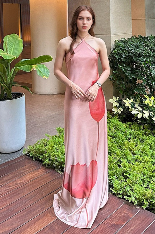 Floral Print Halter Backless High Waist Maxi Dress