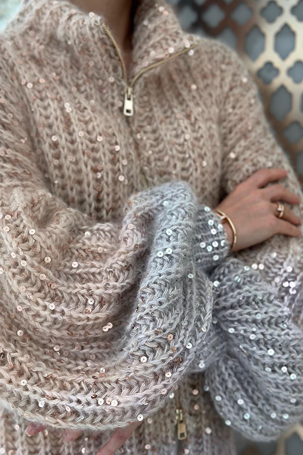 Chic Loose Knit Cardigan with Sequin Balloon Sleeves