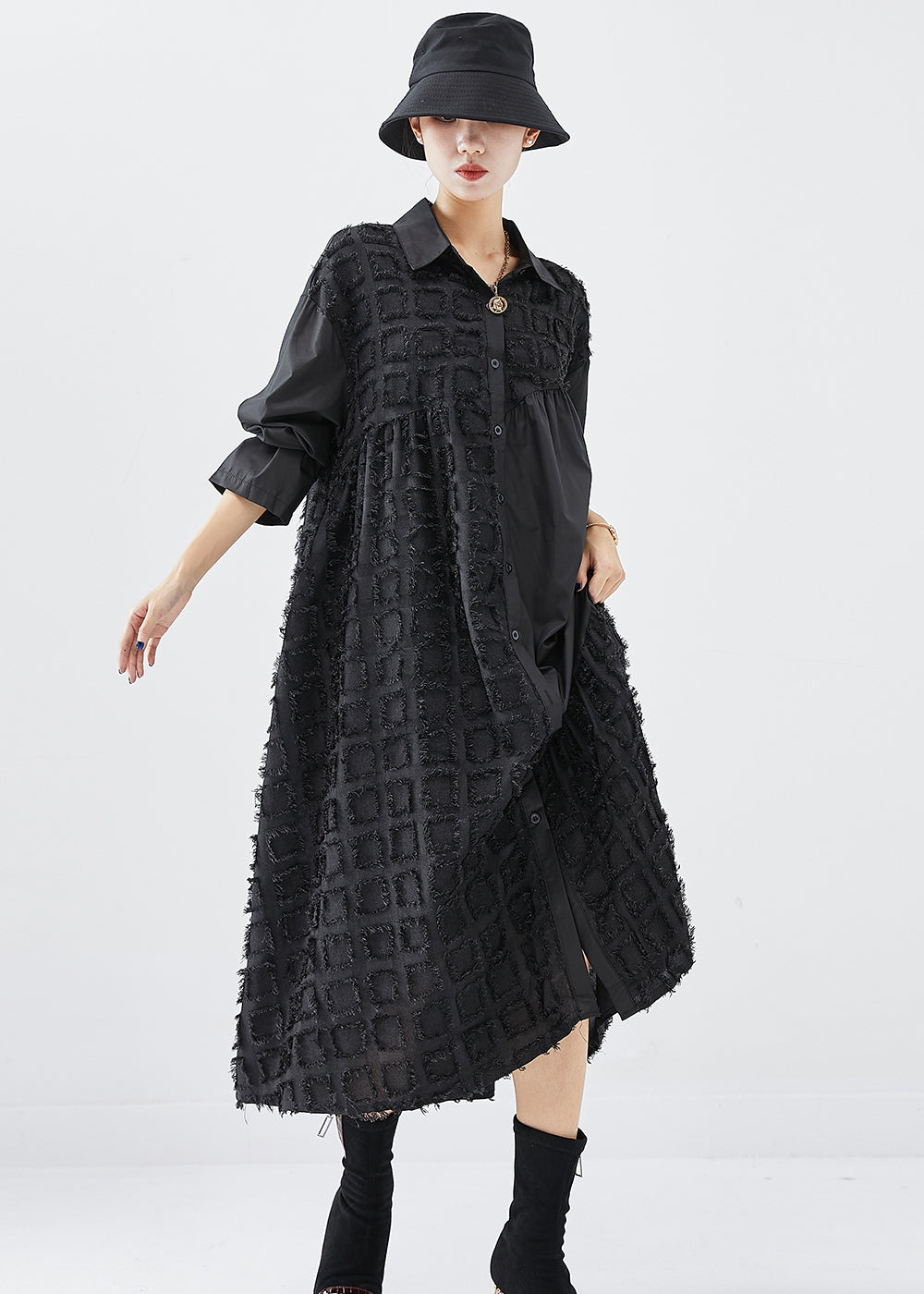 Oversized Button Front Collar Textured Grid Patchwork Midi Shirt Dress - View 2