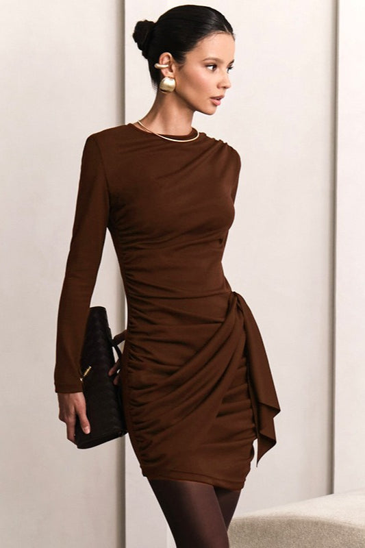 Round Neck Long Sleeve Ruched Wrap Mini Dress