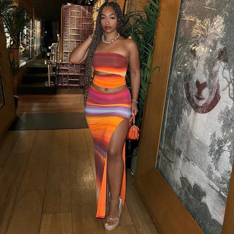 Colorful Cut Out Tube Top Split Three Piece Swim Sets - Fashionpara