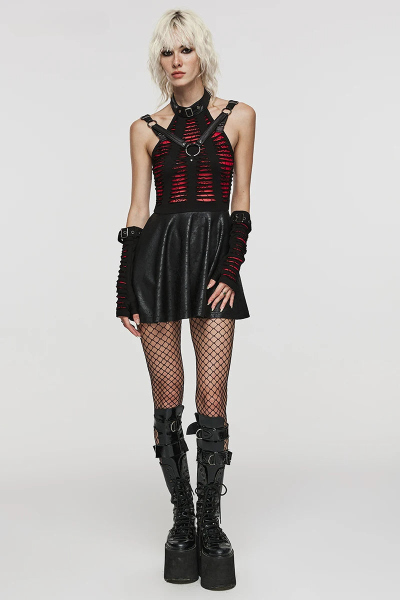 Distressed High Neck Sleeveless Harness Mini Dress