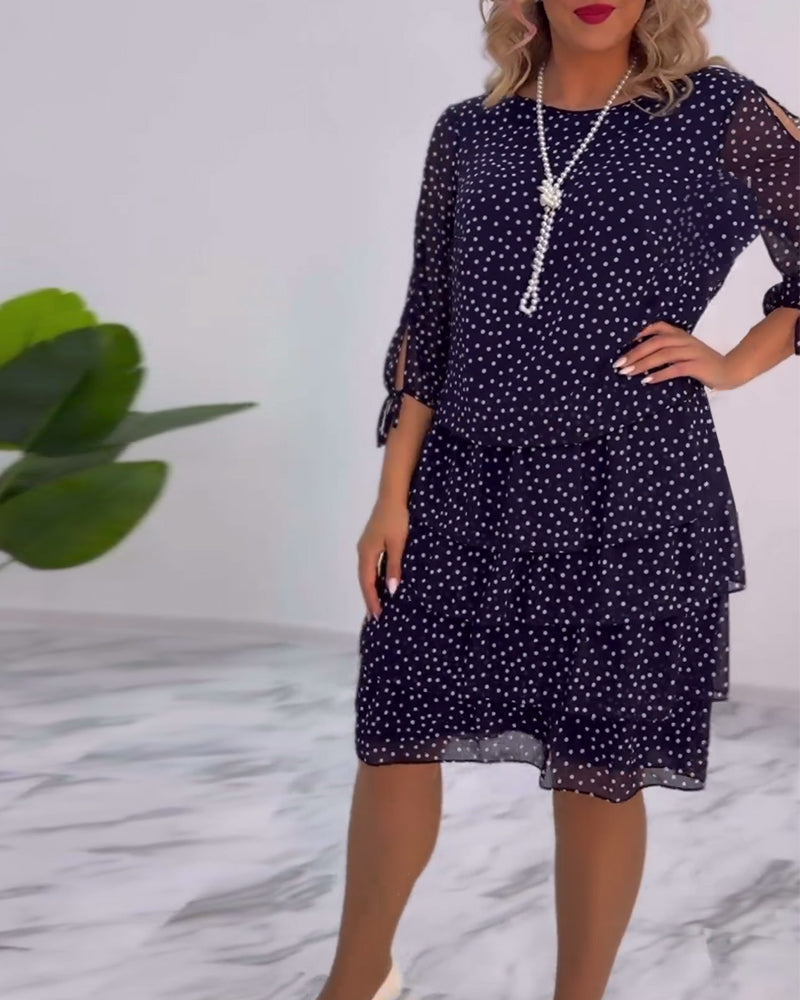 Polka Dot Chiffon Three Quarter Sleeve Tie Cuff Tiered Midi Dress - View 7