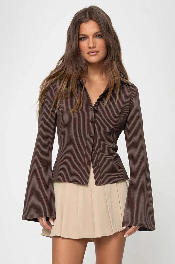 Covered Button Polo Stripe Blouse