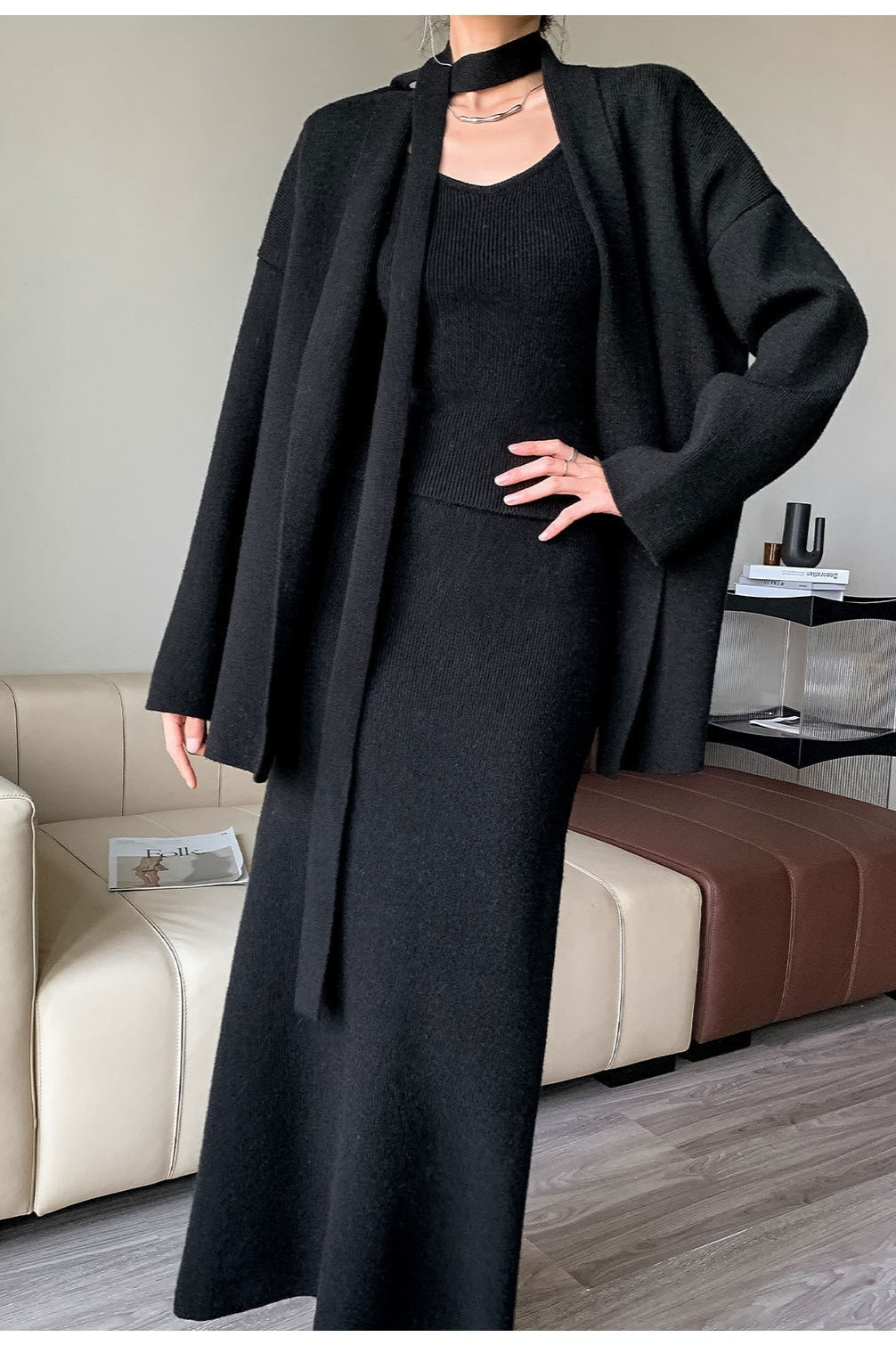 Chic Ribbed Knit Cardigan and Wide-Leg Pants Set