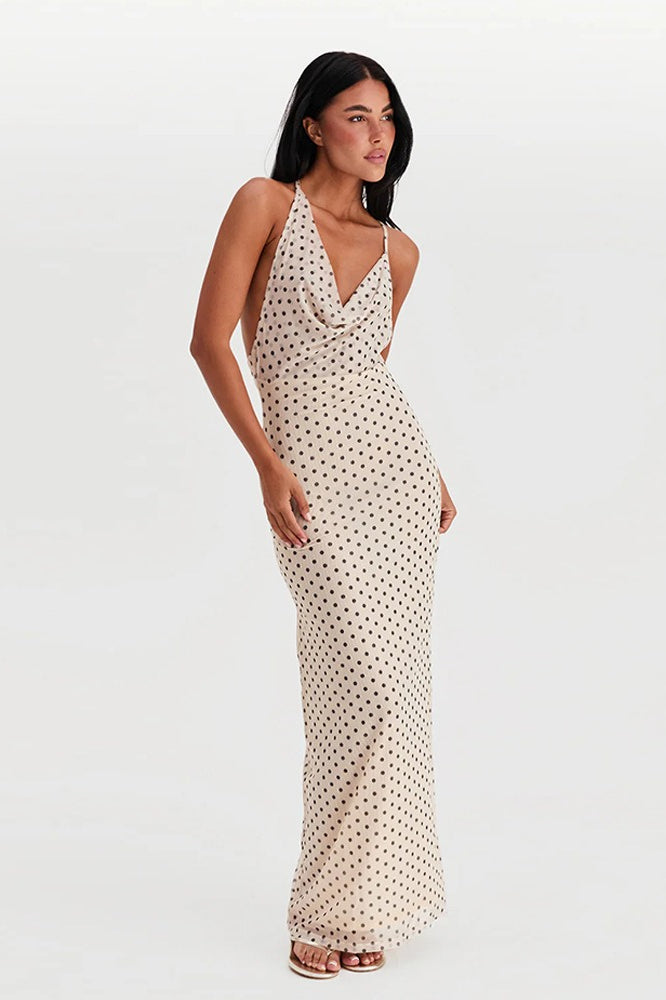 Polka Dot Halter Neck Sleeveless Maxi Dress - Fashionpara