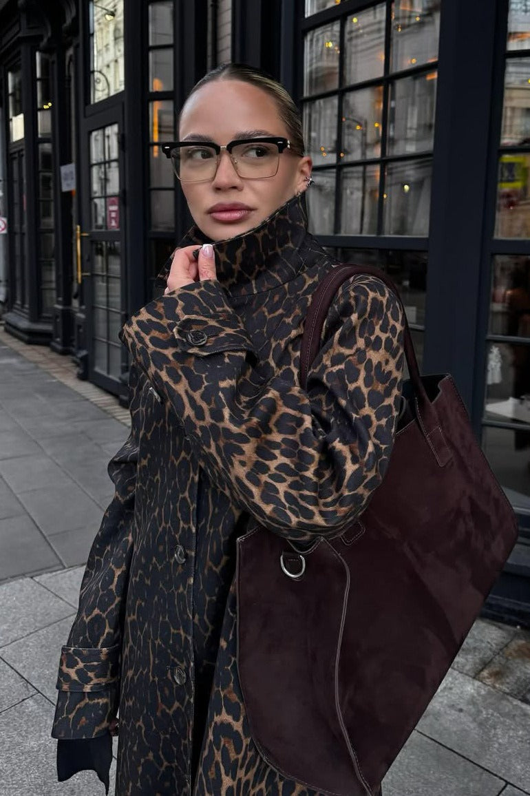 Chic Leopard Print Long Trench Coat for Stylish Elegance