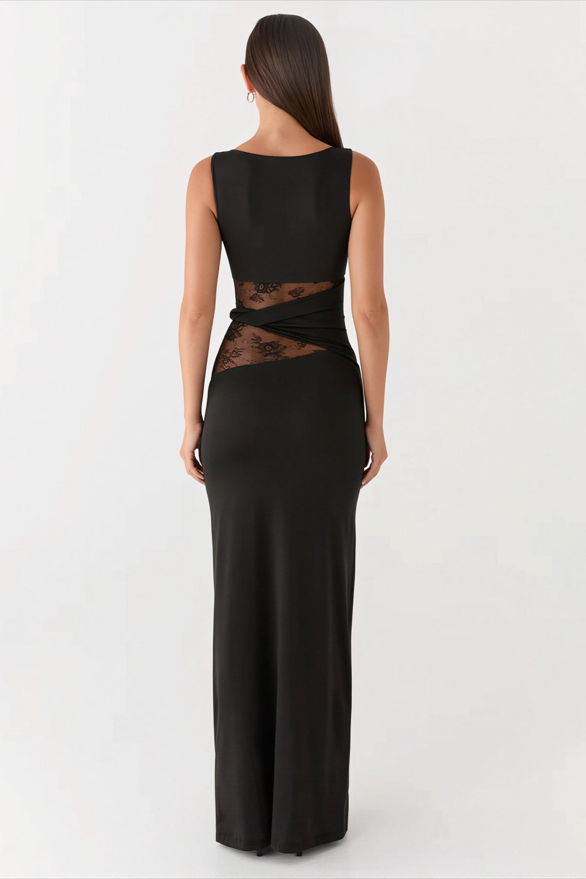 Boat Neck Sleeveless Lace Waist Cutout Column Maxi Dress
