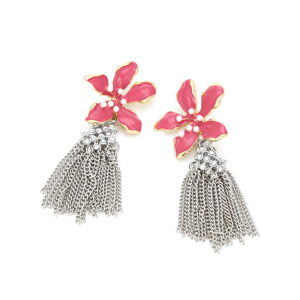 Rhinestone Pearl Flower Tassel Earrings