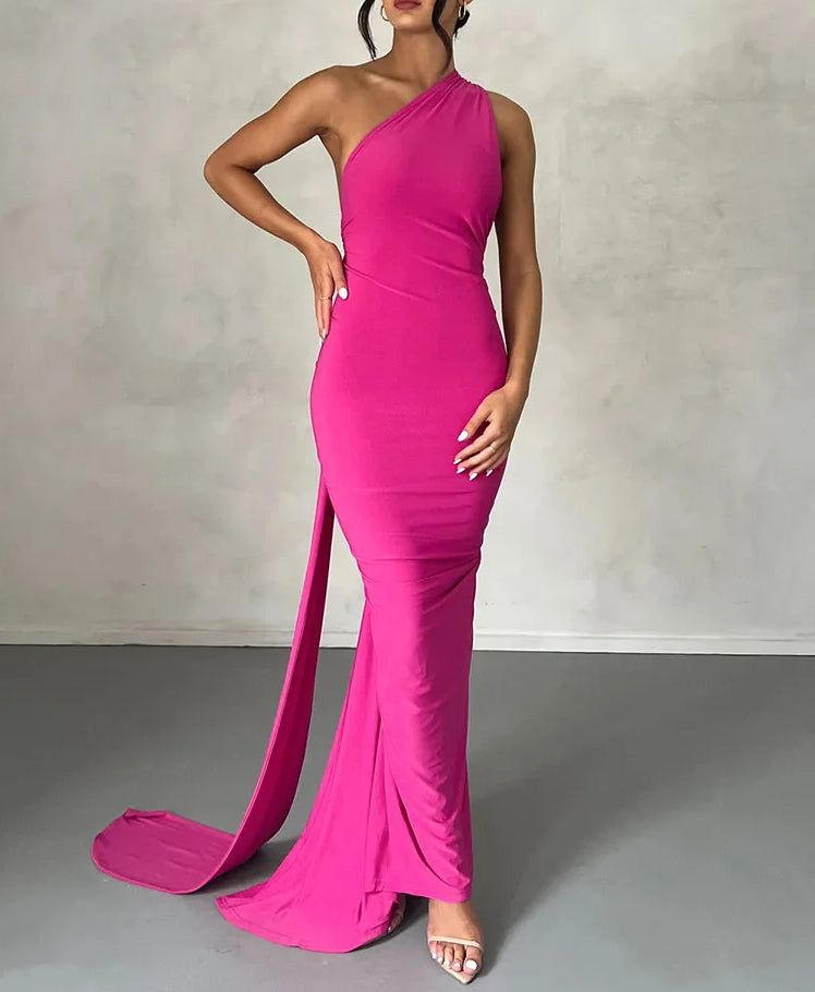 One Shoulder Scarf Ruched Maxi Dress