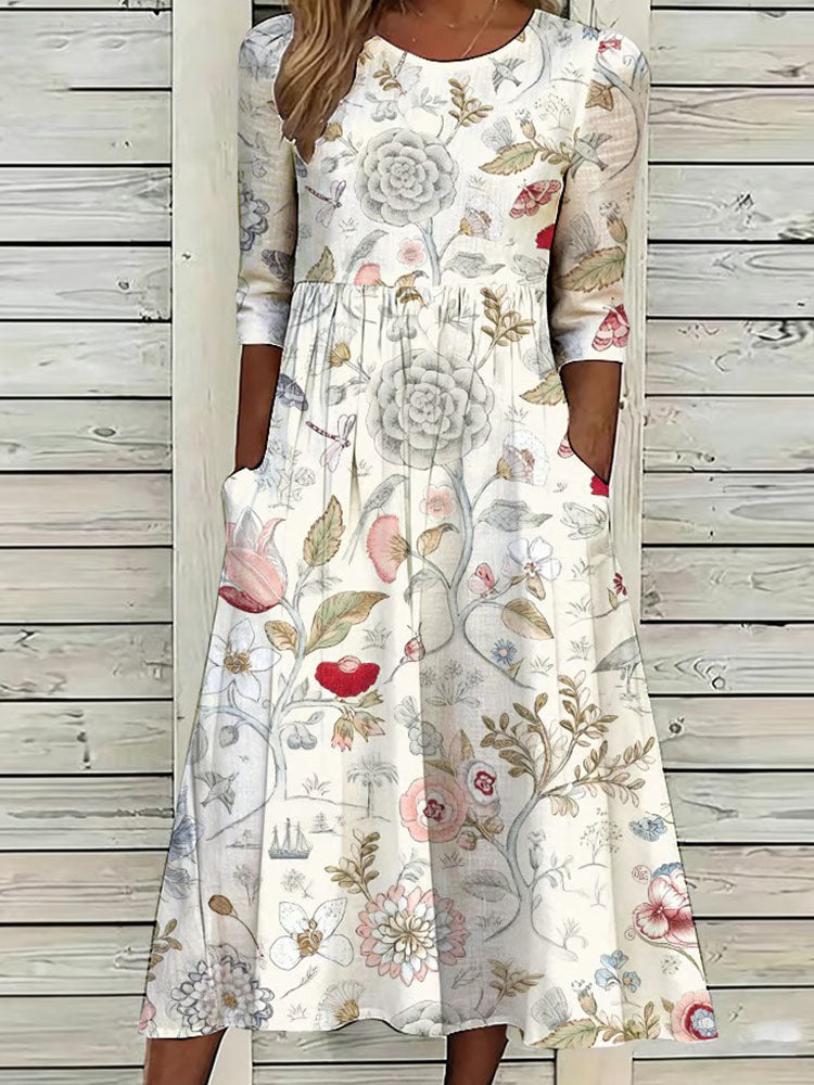 Round Neck Long Sleeve Botanical Floral Print Midi Dress