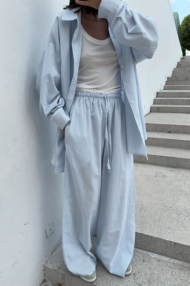 Striped Button Shirt Tie Waist Pants Set