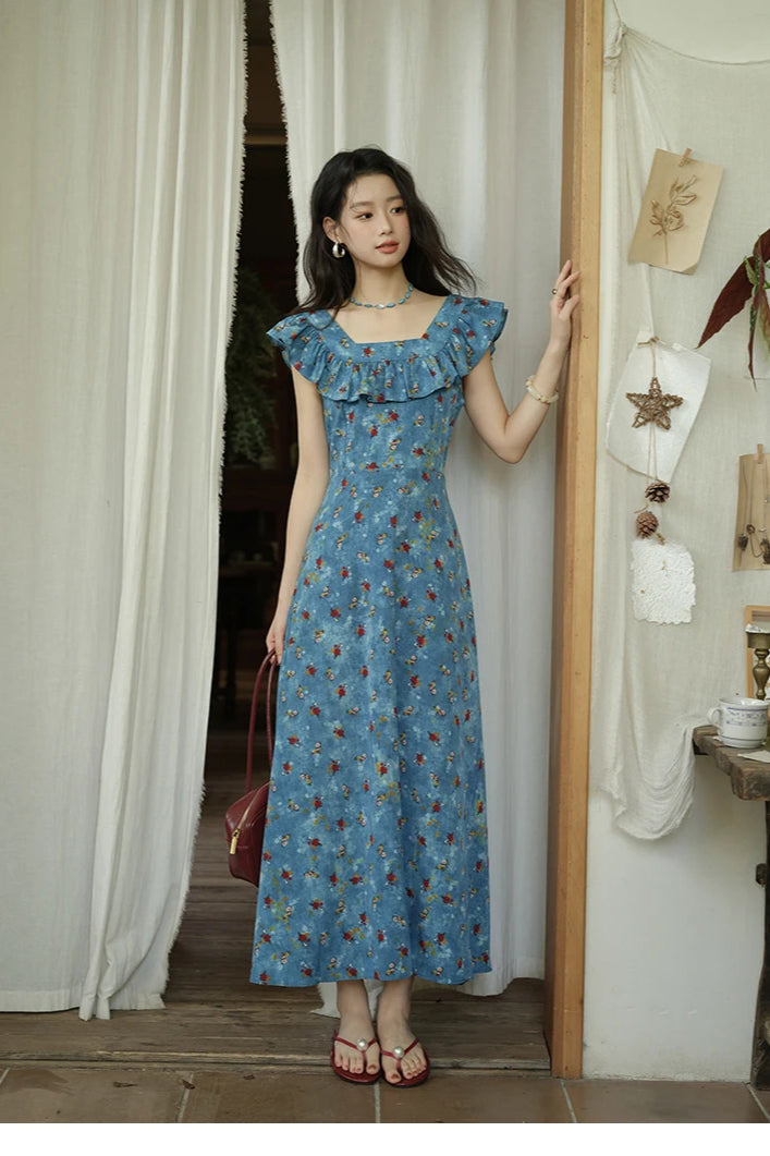 V-Neck Ruffled Midi Floral Dress