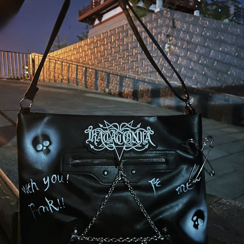 Y2K Harajuku Gothic Skeleton Chain Large Capacity Lolita Punk Bag Black Halloween