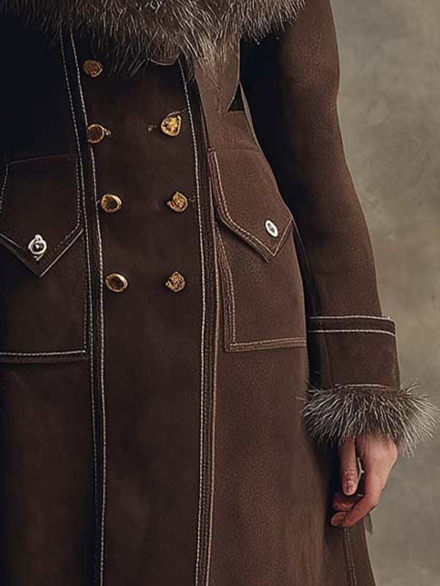 Vintage Brown Eco-Suede Double-Breasted Coat With Faux Fur Collar - Fashionpara