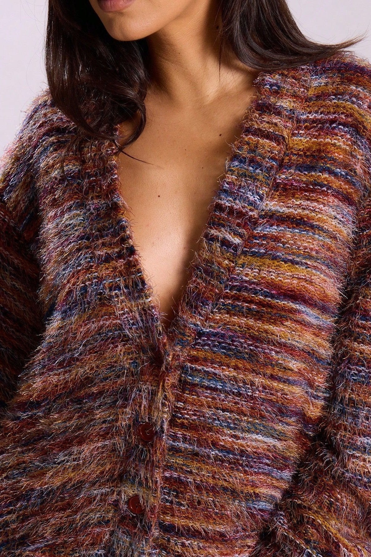 Deep V-Neck Plush Knit Cardigan for Retro Fashion Lovers