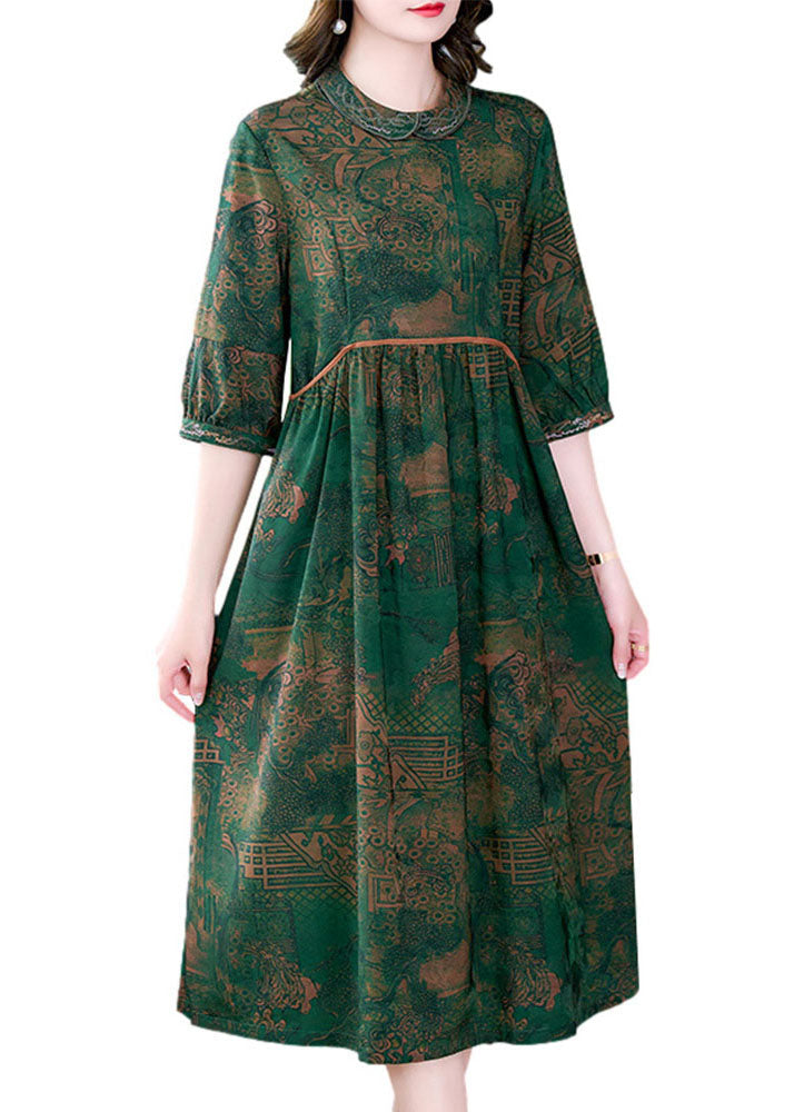 Peter Pan Collar Empire Waist Landscape Print Midi Dress - View 5