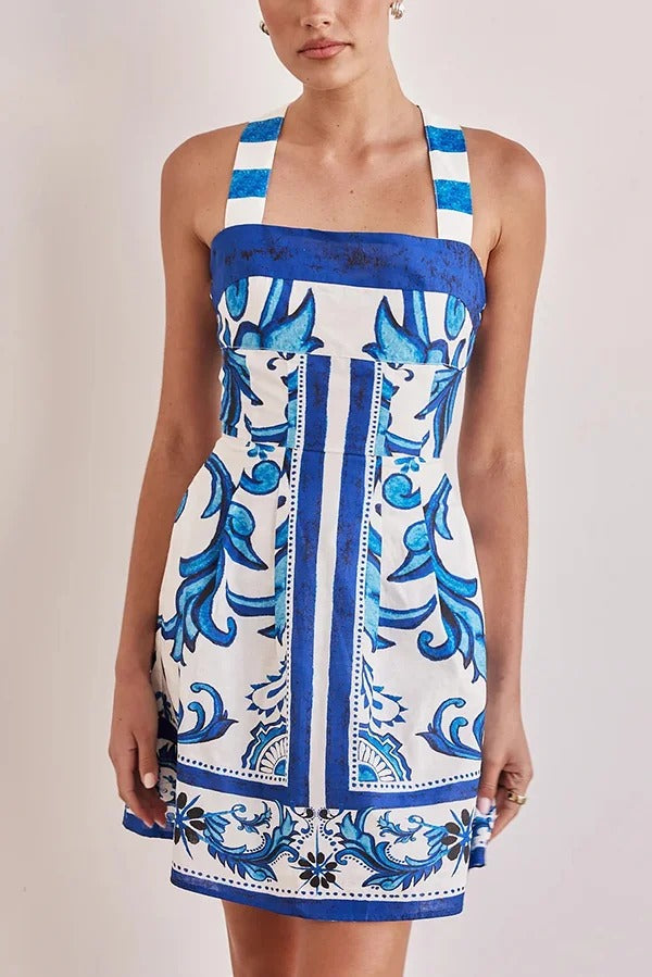 Summer Linen Blend Unique Print Wide Strap Pocket Mini Dress - Fashionpara