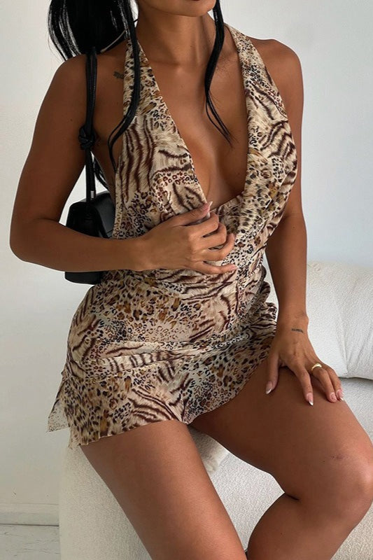 Vintage V-Neck Halter Mini Dress