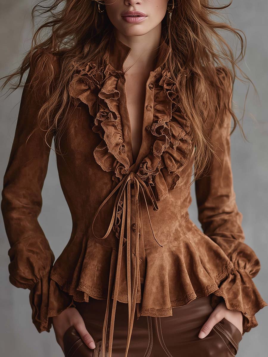 Vintage Caramel Eco-Suede Ruffle Blouse With Lace Trim - Fashionpara