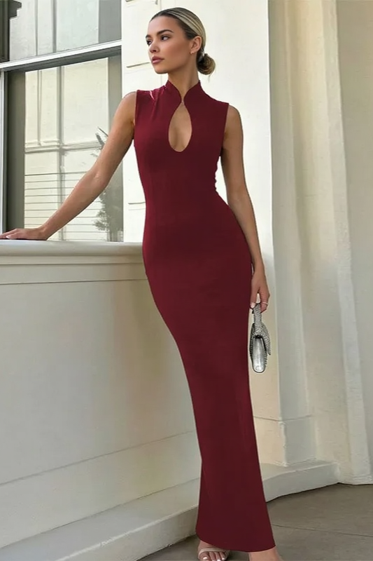 Mock Neck Sleeveless Keyhole Cut Out Bodycon Maxi Dress