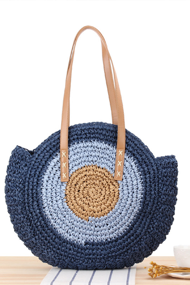 Woven Straw Splicing Contrasting Color Beach Bag - Fashionpara