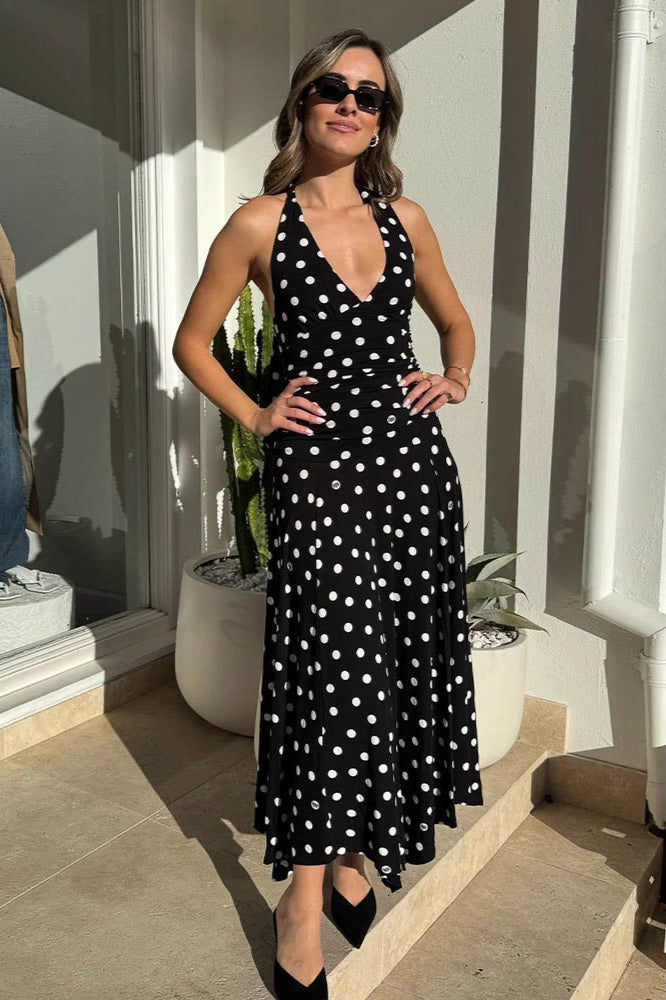 Polka Dot Halter V-Neck Ruched Maxi Dress - Fashionpara