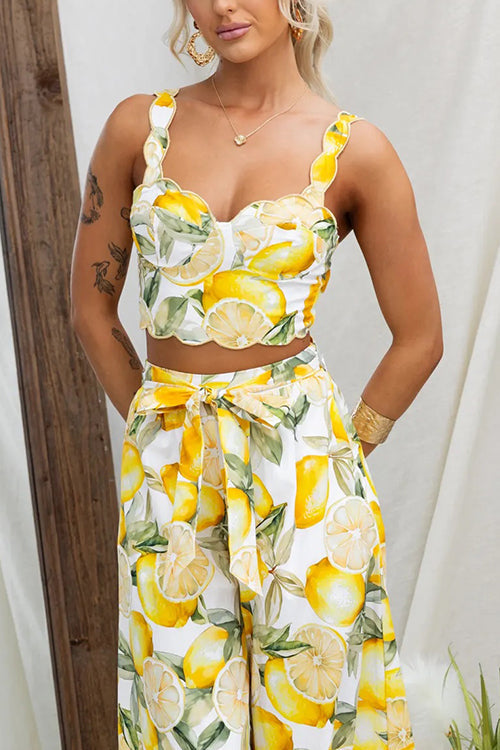 Tie Bow Backless Lemon Print Crop Cami Top - Fashionpara