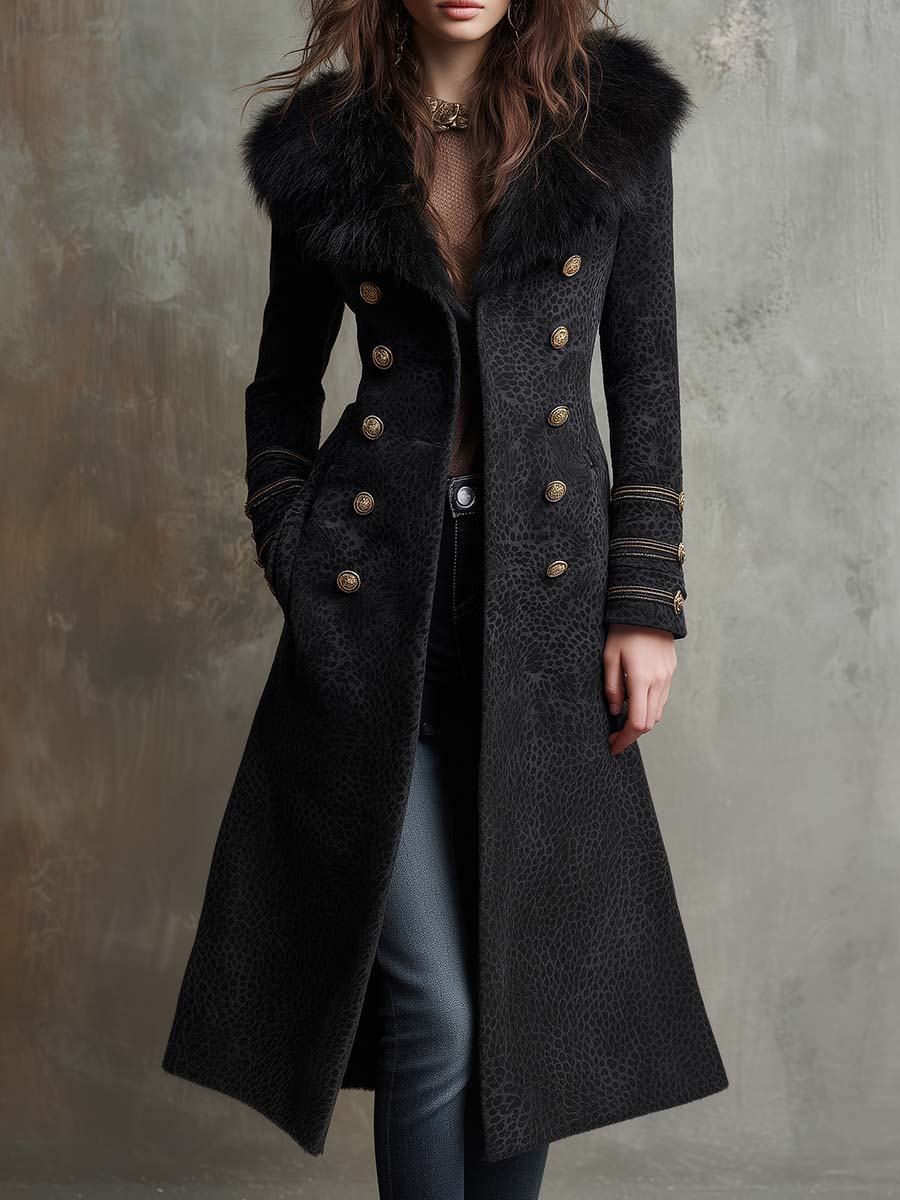 Black Printed Suede Long Coat With Faux Fur Collar & Gold Buttons - Fashionpara