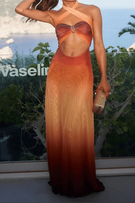 Halter Hollow Out Maxi Floral Dress