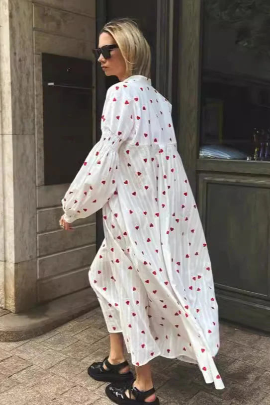 Heart Print Textured Cotton Long Lantern Sleeve Maxi Dress